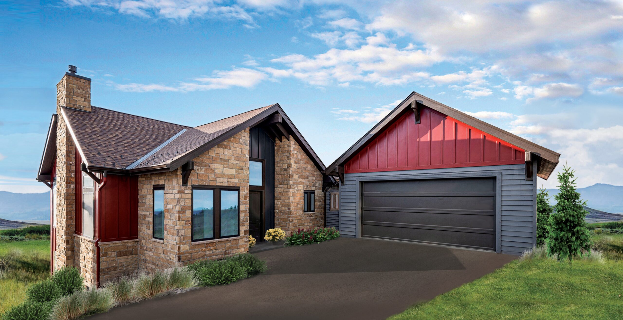 Stone house with red accents and attached garage